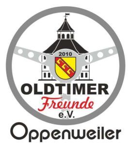 Logo der Oldtimerfreunde Oppenweiler e.V. zeigt ein stilisiertes Gebäude mit gelbem Schild im Lenkradkreis.