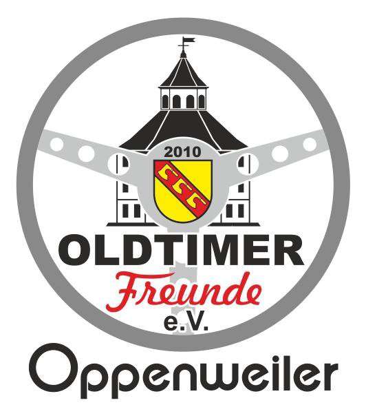 Logo der Oldtimerfreunde Oppenweiler e.V. zeigt ein stilisiertes Gebäude mit gelbem Schild im Lenkradkreis.
