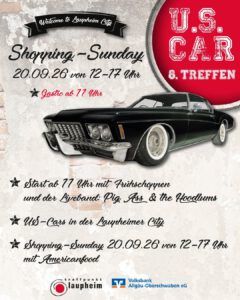 Plakat für das 8. US-Car-Treffen mit Shopping-Sunday am 20.09.26 in Laupheim mit einem schwarzen Oldtimer.