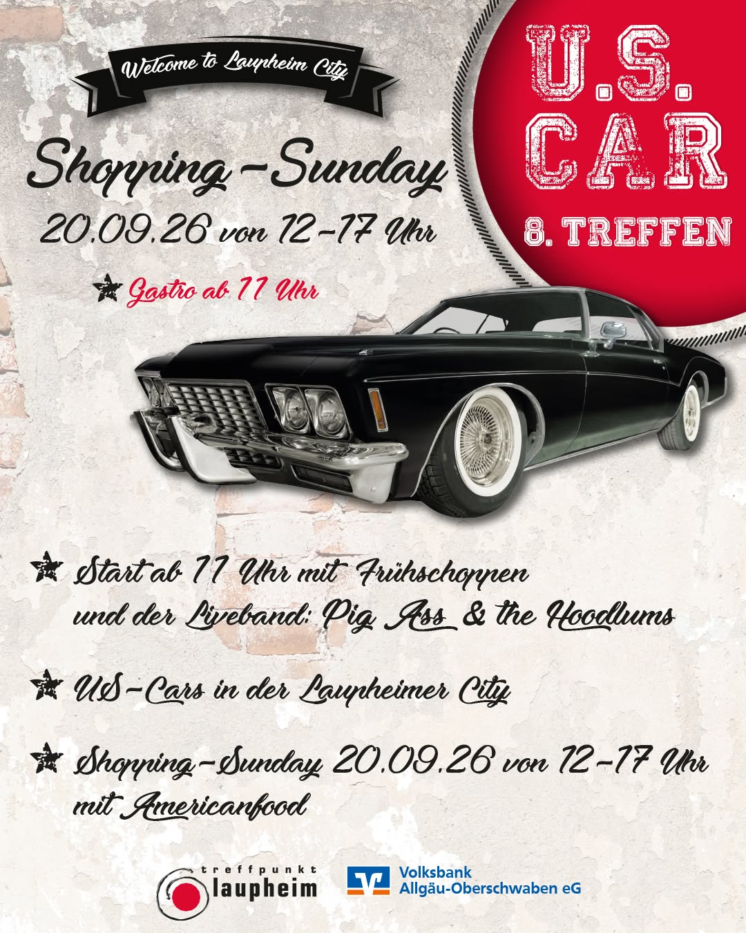Plakat für das 8. US-Car-Treffen mit Shopping-Sunday am 20.09.26 in Laupheim mit einem schwarzen Oldtimer.
