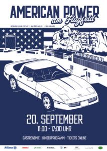 Plakat American Power am Flugfeld mit weißer Corvette, US-Flagge und Datum 20. September