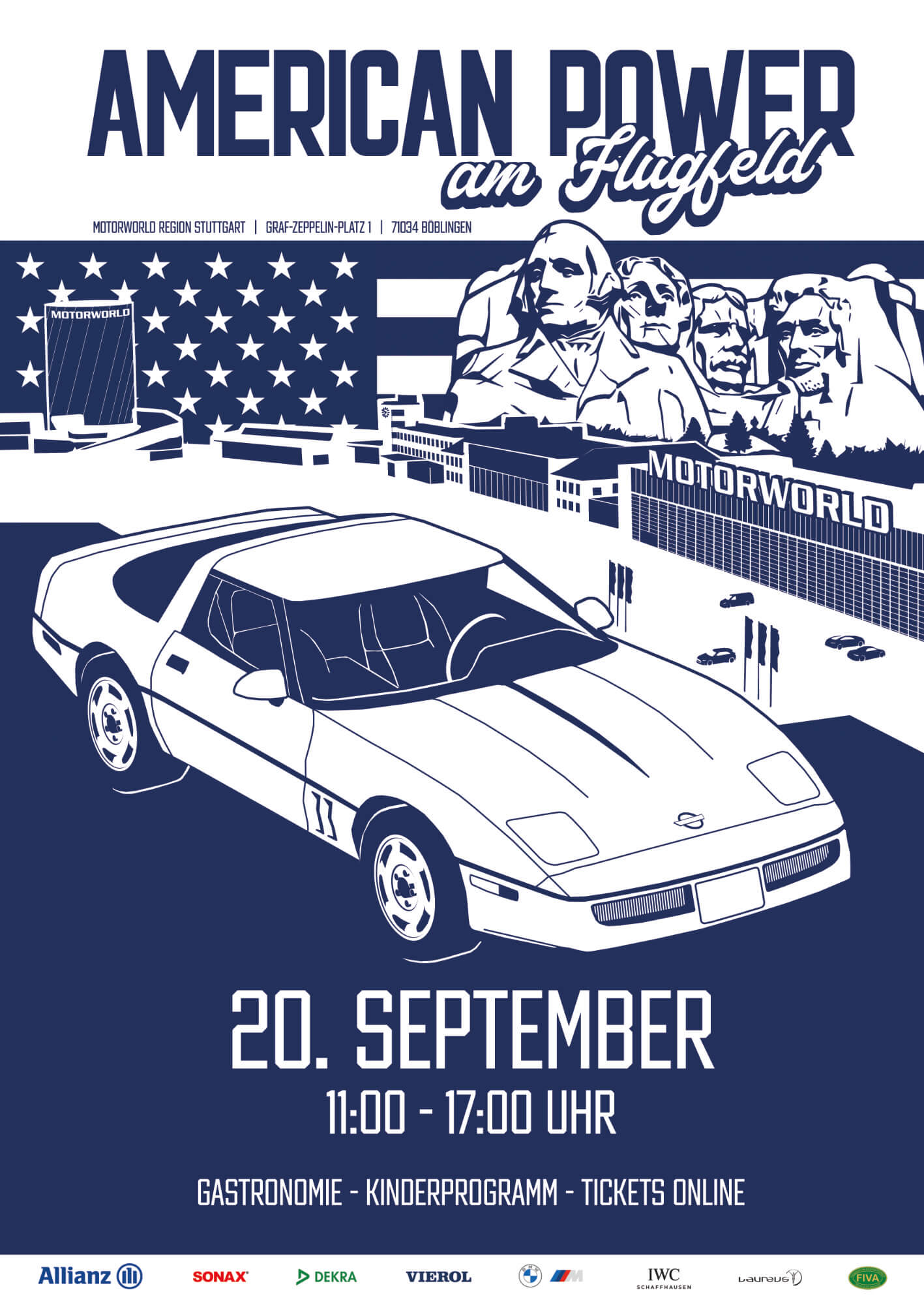 Plakat American Power am Flugfeld mit weißer Corvette, US-Flagge und Datum 20. September