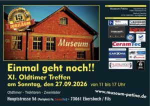 Plakat zum XI. Oldtimer Treffen am 27.09.2026 im Museum Patina in Ebersbach/Fils mit rotem Backsteingebäude und Logos.