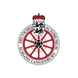 Rundes Logo des Deutschen Automuseums Schloss Langenburg mit rotem Speichenrad, Wappen und Zahnkranz.