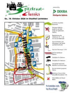 Übersichtsplan der 21. Spitzkraut-Classics am 18. Oktober 2026 in Leinfelden mit Streckenverlauf, Parkplätzen und Legende.