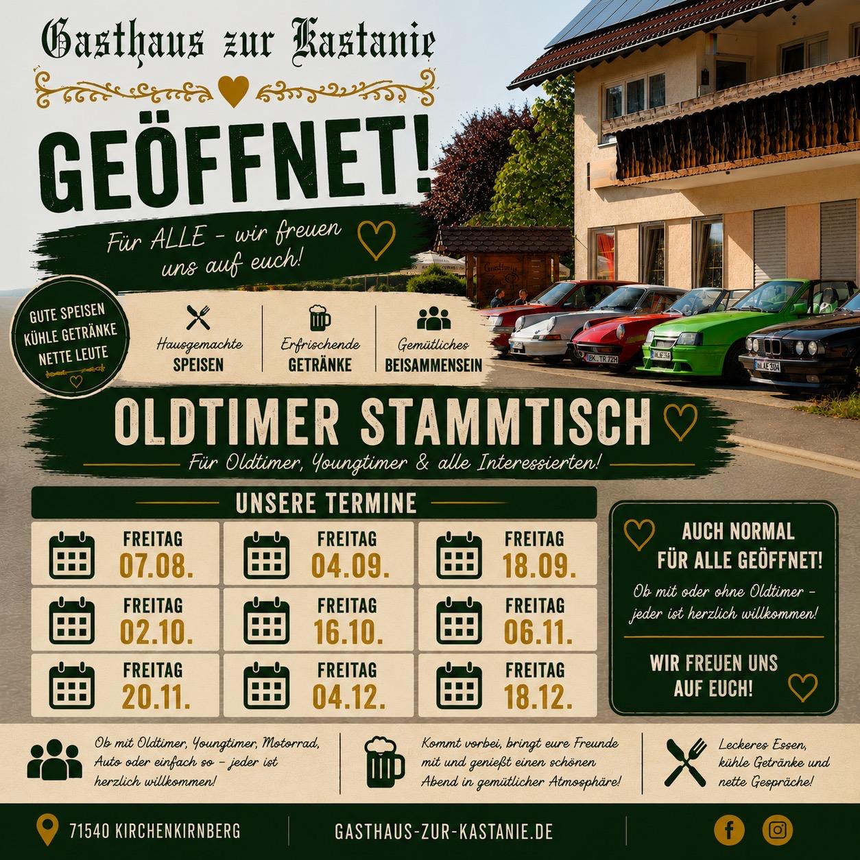 Plakat zum Oldtimer-Stammtisch im Gasthaus zur Kastanie mit Terminen und Oldtimern vor dem Gebäude.