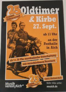 Plakat zum 25. Oldtimertreff & Kirbe am 27. September in Aichtal-Aich mit Paar auf Oldtimer-Motorrad