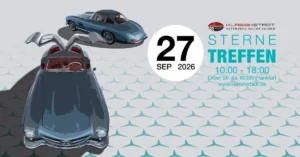Zwei Mercedes 300 SL Flügeltürer auf grauem Wabenmuster mit Text Sterne Treffen 27. SEP 2026.