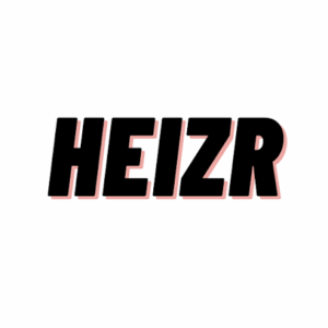 Schwarzer, kursiver Schriftzug HEIZR mit hellrosa Schatten auf weißem Hintergrund.