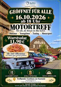 Plakat für den Motortreff am 16.10.2026 im Gasthaus zur Kastanie mit Oldtimern und Wurstsalat.