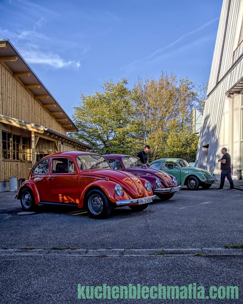 Drei geparkte VW Käfer in Rot, Lila und Grün vor einer Holzbaracke und einem weißen Gebäude.