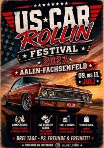 Plakat für das US CAR Rollin Festival 2027 in Aalen-Fachsenfeld mit rotem Muscle Car und US-Flagge
