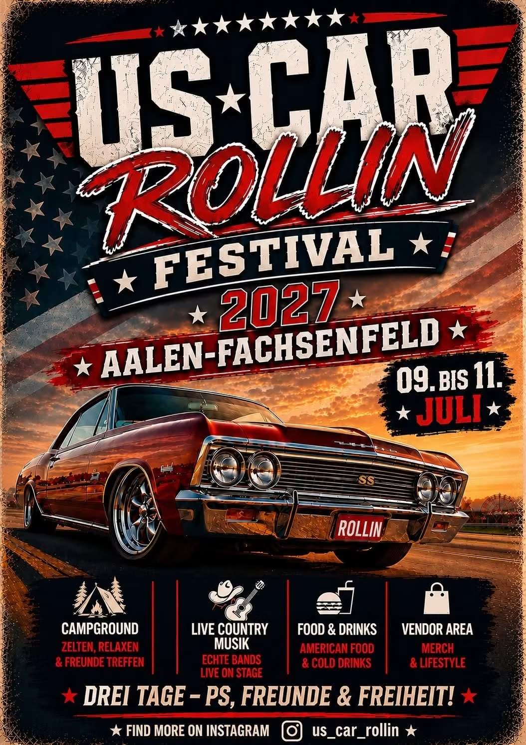 Plakat für das US CAR Rollin Festival 2027 in Aalen-Fachsenfeld mit rotem Muscle Car und US-Flagge