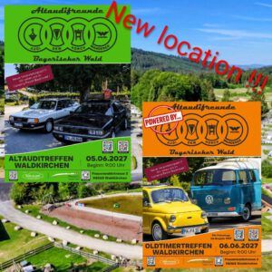 Plakat für das 9. Altauditreffen und 5. Oldtimertreffen am 5. und 6. Juni 2027 in Waldkirchen mit Audi, VW und Oldtimern.