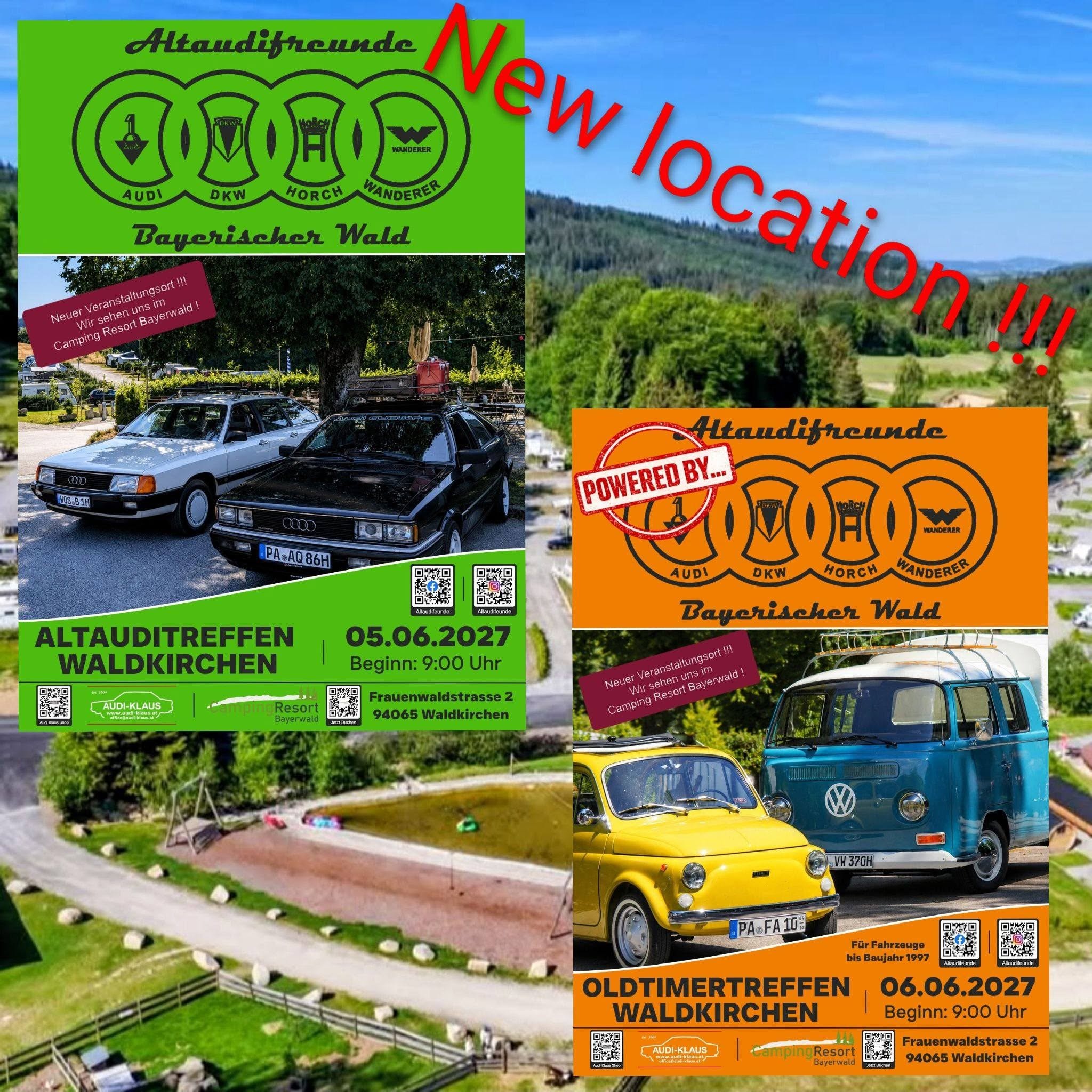Plakat für das 9. Altauditreffen und 5. Oldtimertreffen am 5. und 6. Juni 2027 in Waldkirchen mit Audi, VW und Oldtimern.