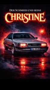 Silberner Audi 100 mit leuchtenden Scheinwerfern auf nasser Straße, umgeben von rotem Nebel und Flammen, mit dem Schriftzug Christine.