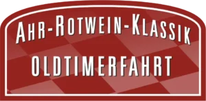 Rotes Logo mit weißer Schrift Ahr-Rotwein-Klassik und Oldtimerfahrt auf kariertem Hintergrund