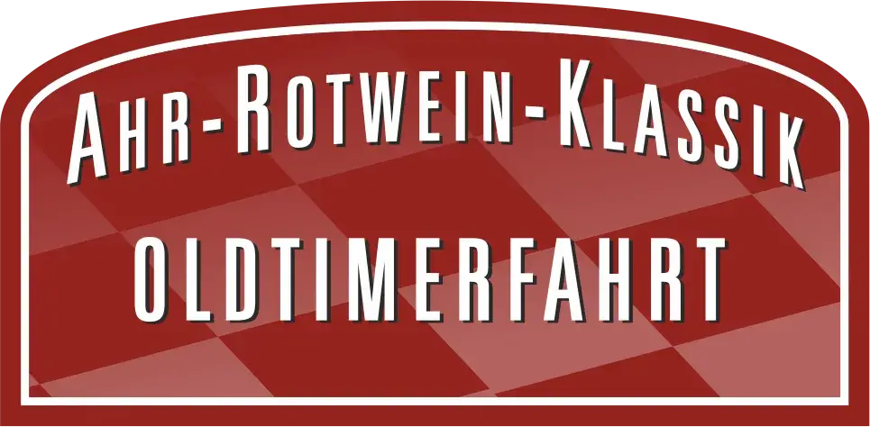 Rotes Logo mit weißer Schrift Ahr-Rotwein-Klassik und Oldtimerfahrt auf kariertem Hintergrund