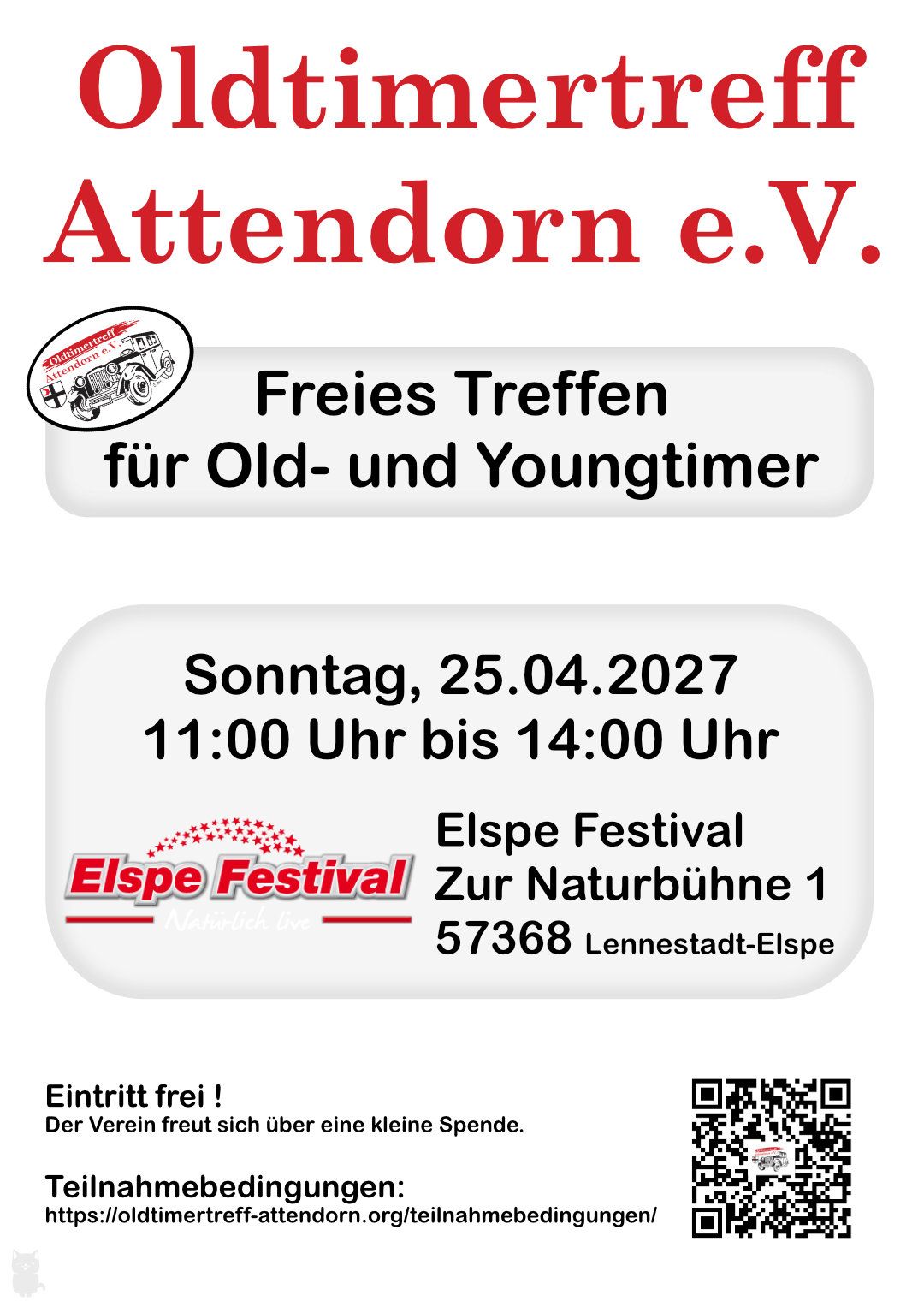 Flyer zum Oldtimertreff Attendorn e.V. am 25.04.2027 mit freiem Treffen für Old- und Youngtimer beim Elspe Festival in Lennestadt-Elspe