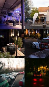 Collage aus sechs Szenen eines Autoevents: Werkstatt, Grillstand, Porsche 911 GT3, Waldparkplatz und nächtliche Ausfahrt.