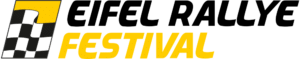 Logo Eifel Rallye Festival mit schwarz-weißer Zielflagge und gelbem Schriftzug